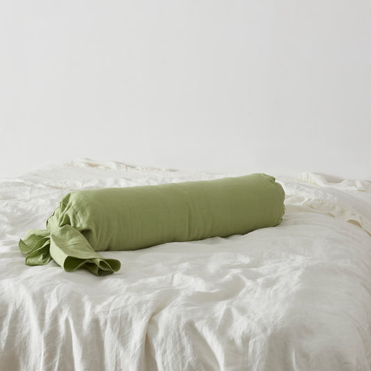 Matcha Green Linen Bolster Pillow with Bow Ties