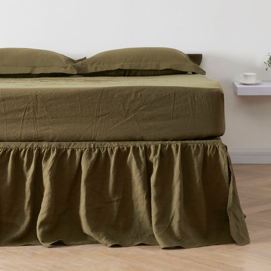 Green Olive Gathered Ruffle Linen Bedskirt