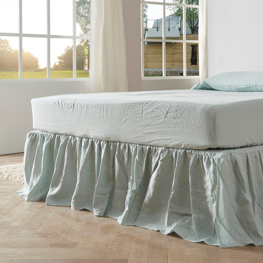 Pale Blue Linen Dust Ruffle Bedskirt on Bed