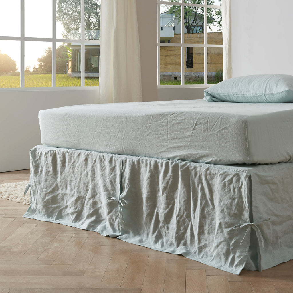 Pale Blue Knotted Linen Bedskirt on Bed