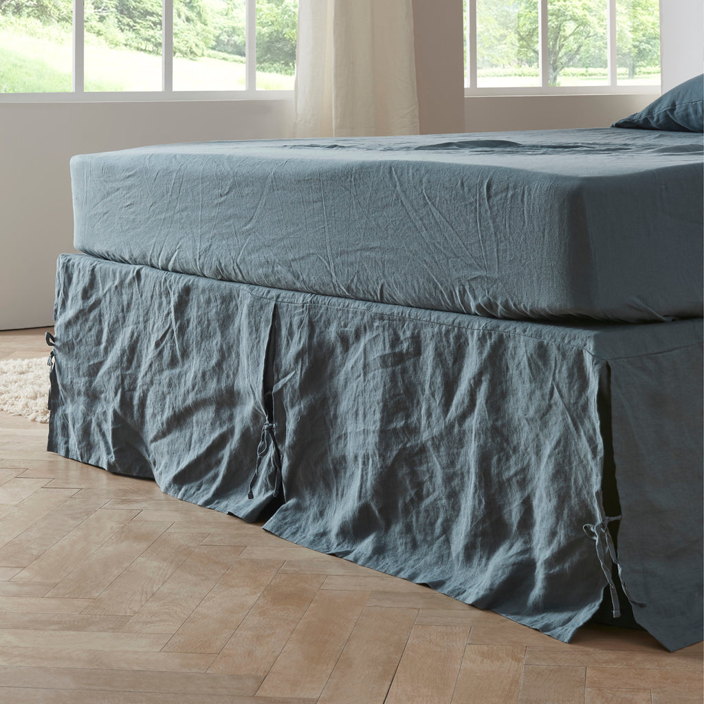 French Blue Linen Knotted Bedskirt on Bed