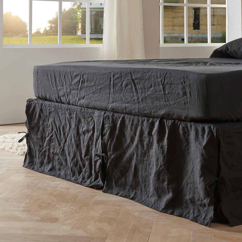Black 100% Linen Side Pleated Bedskirt With Knots