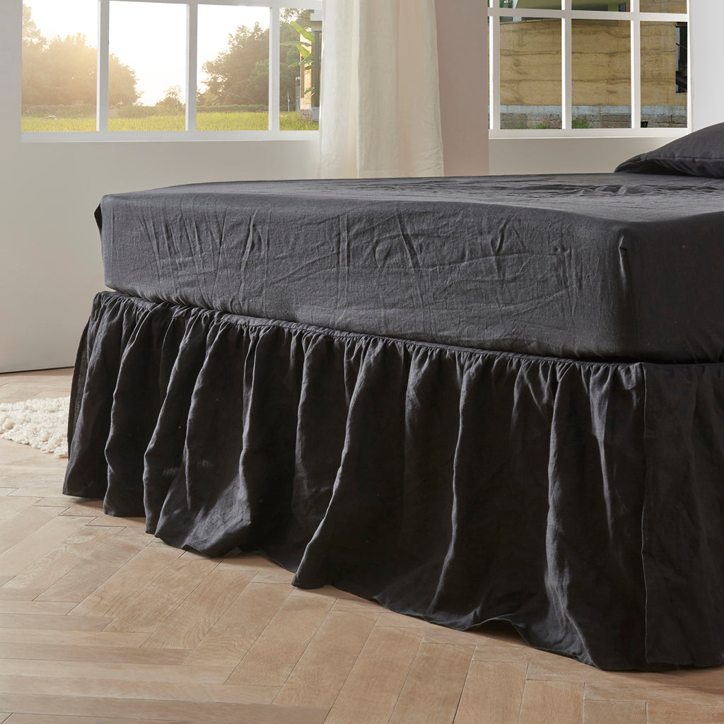 Gathered Linen Dust Ruffle in Black