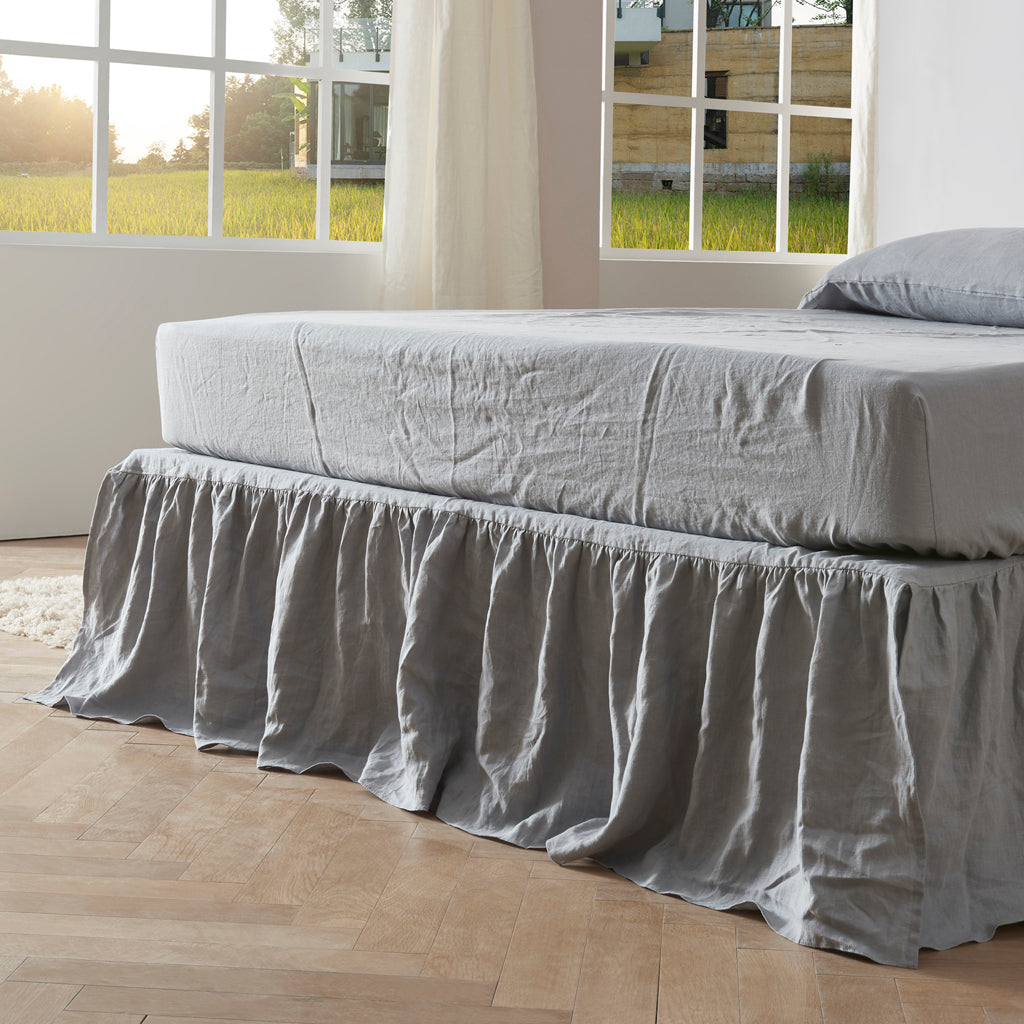 Alloy Gray Gathered Linen Dust Ruffle with Linen Bedding