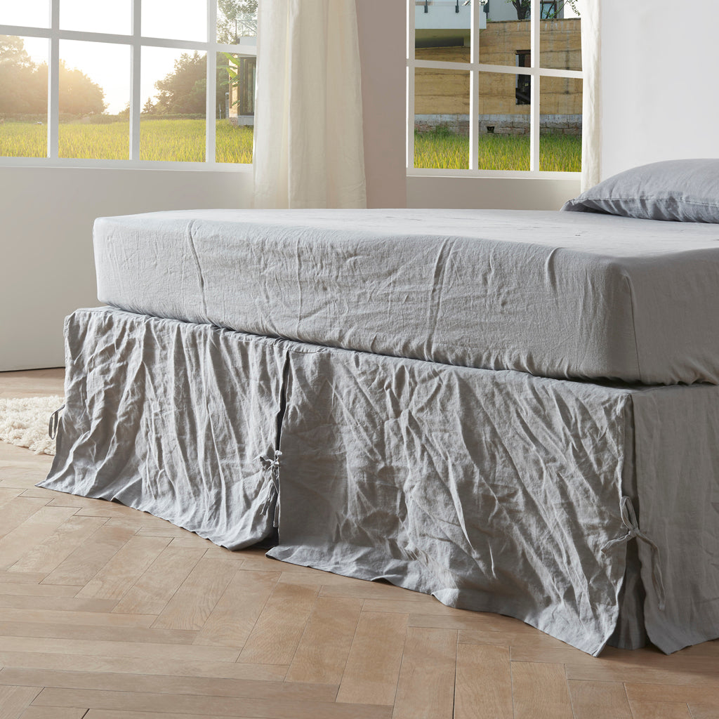Side View Of Alloy Grey 100% Linen Side Pleated Bedskirt With Knots - linenforce