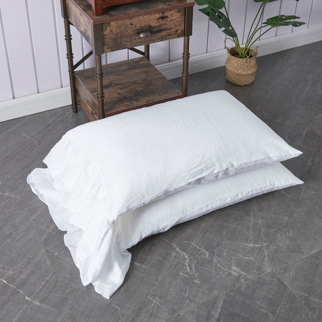 Optic White 100% Linen Side Ruffle Pillowcases On Floor - linenforce