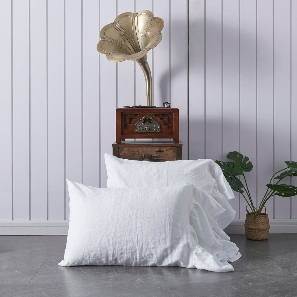 Optic White 100% Linen Side Ruffle Pillowcases Two Sizes Together - linenforce