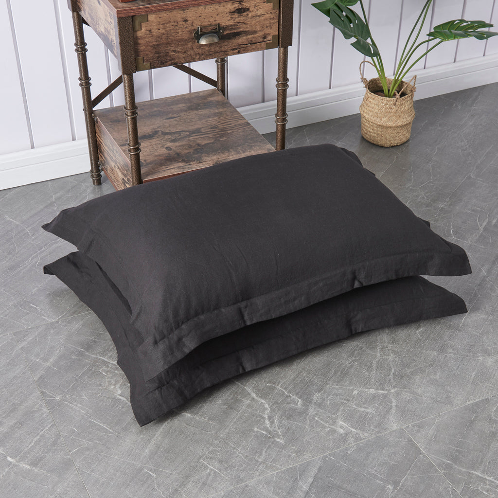 Two Pillows with 100% Linen Pillowcases Oxford Hem in Black