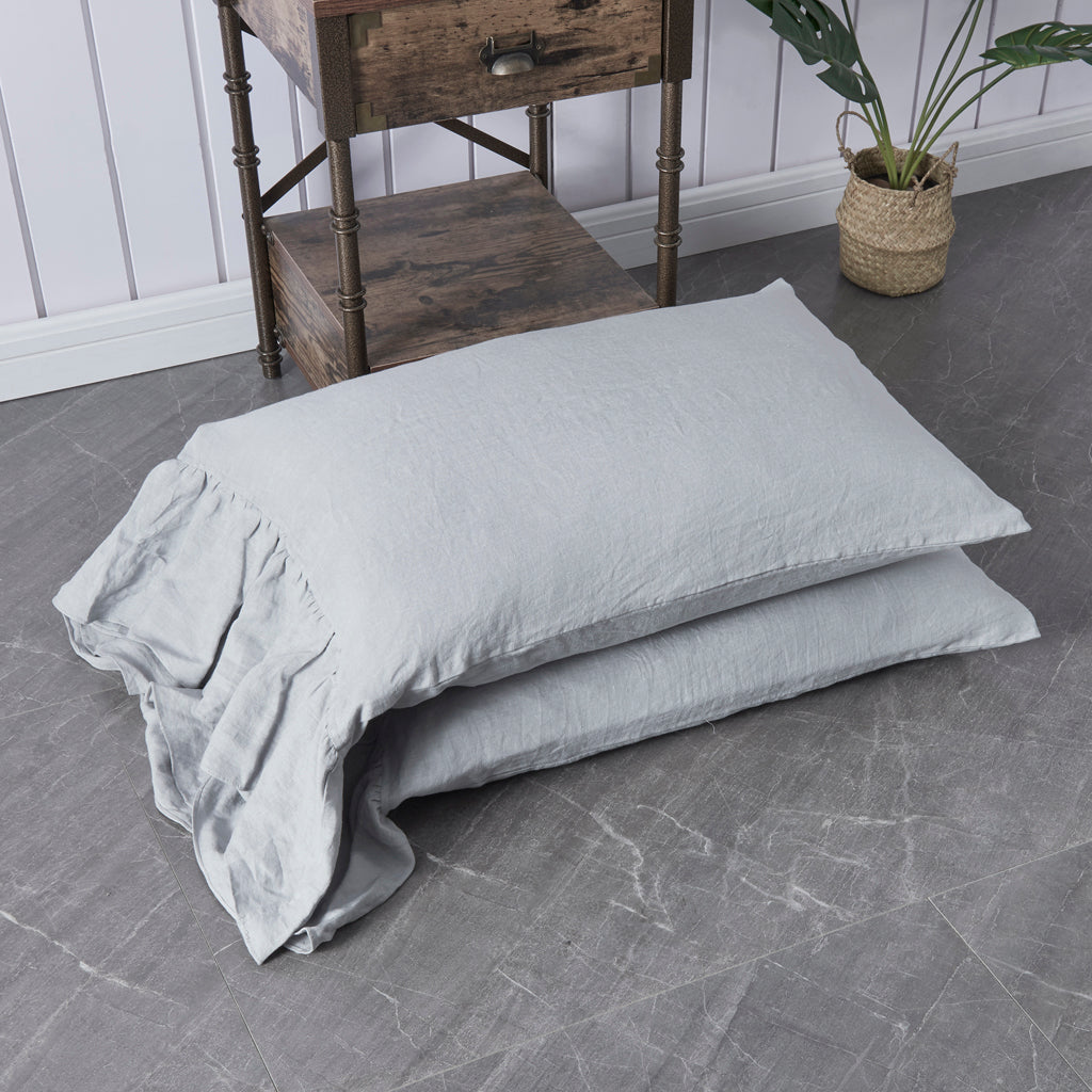 Alloy Grey 100% Linen Side Ruffle Pillowcases Pile Up - linenforce
