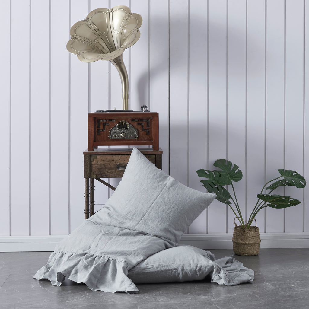 Alloy Grey 100% Linen Side Ruffle Pillowcases On Floor - linenforce