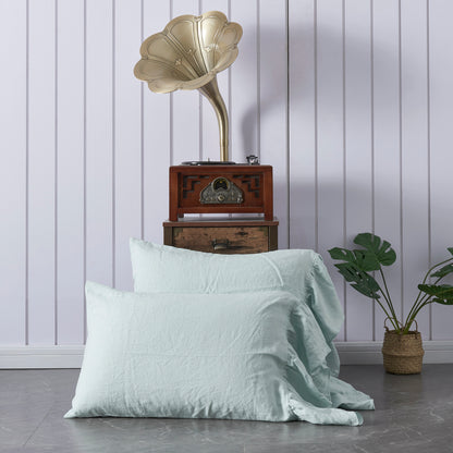 Pale Blue Linen Pillowcases with Side Ruffle