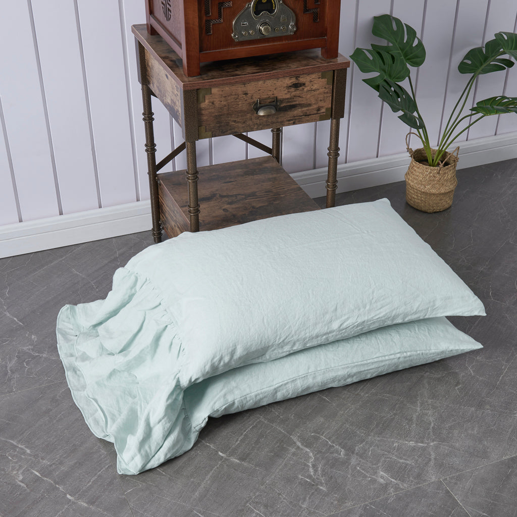 Linen Pale Blue Pillowcases with Side Ruffle
