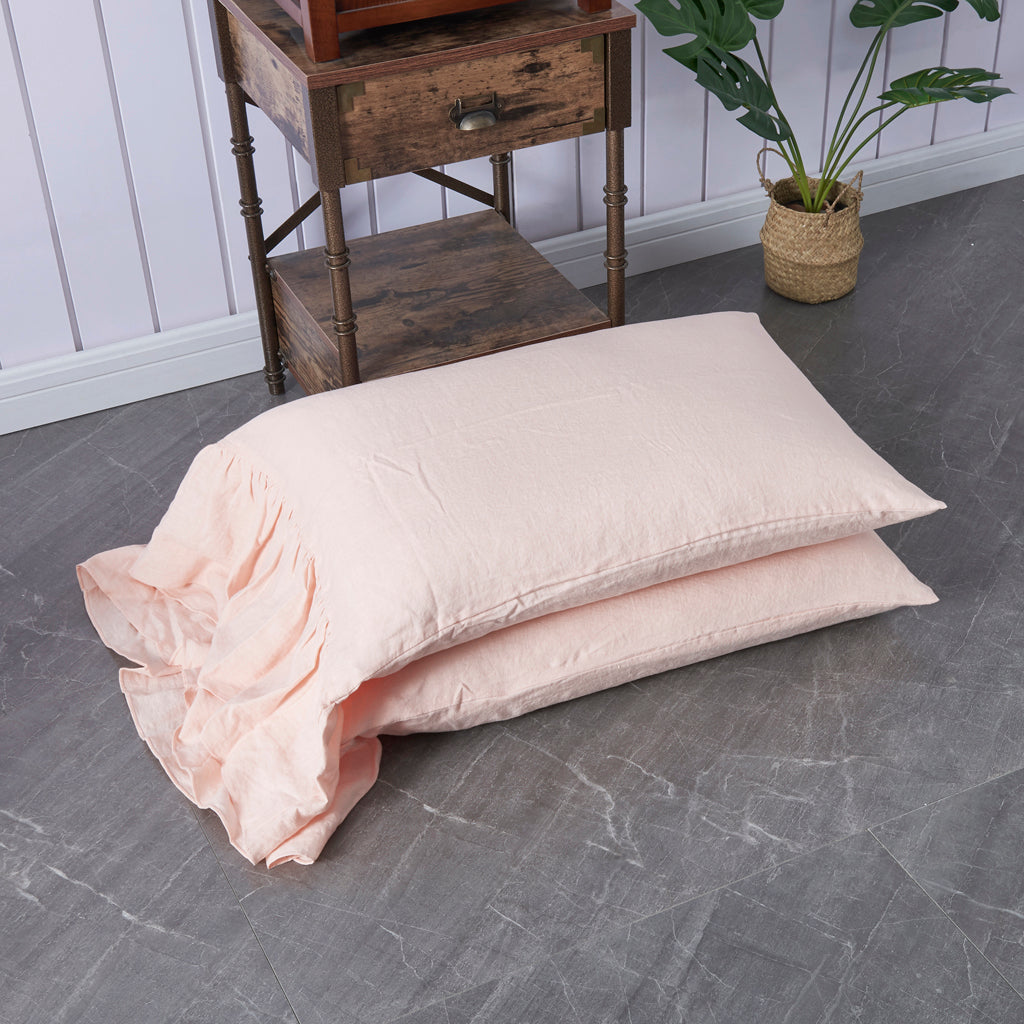 Peach 100% Linen Side Ruffle Pillowcases Pile Up - linenforce