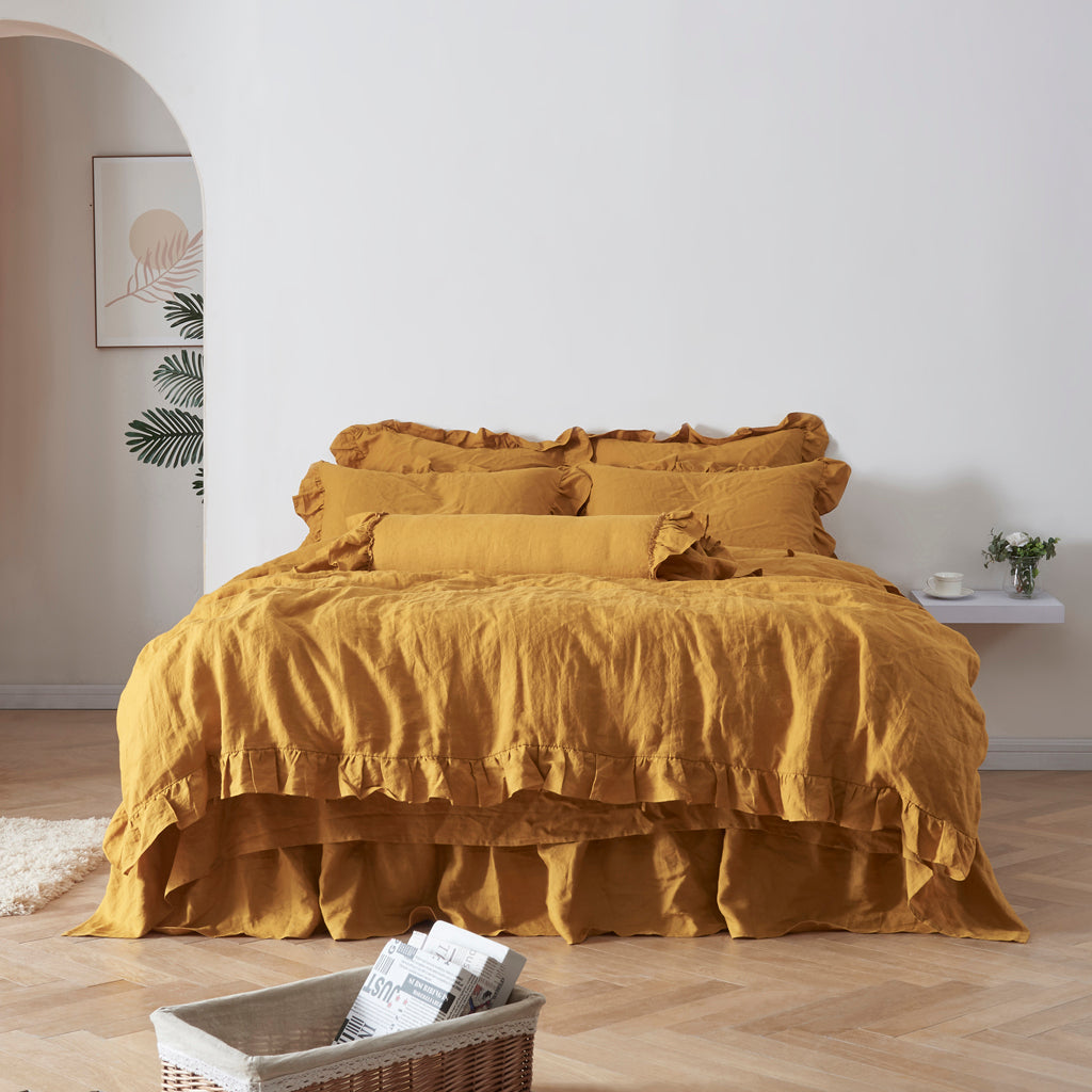 Mustard Linen Ruffled Hem Duvet Cover