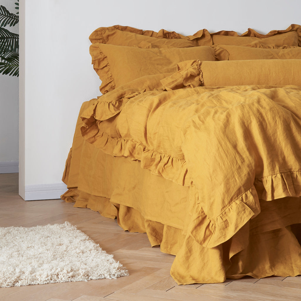 Mustard Yellow Linen Duvet Cover with Ruffle Hem