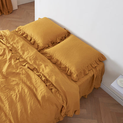 Mustard Yellow Linen Ruffle Hem Pillowcase Shams