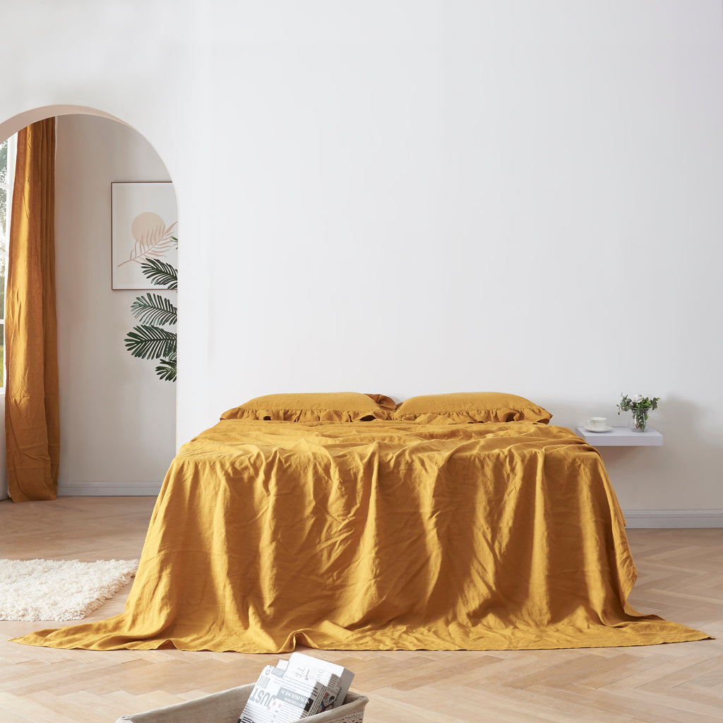 Mustard Yellow Linen Bedding Set with Ruffle Hem