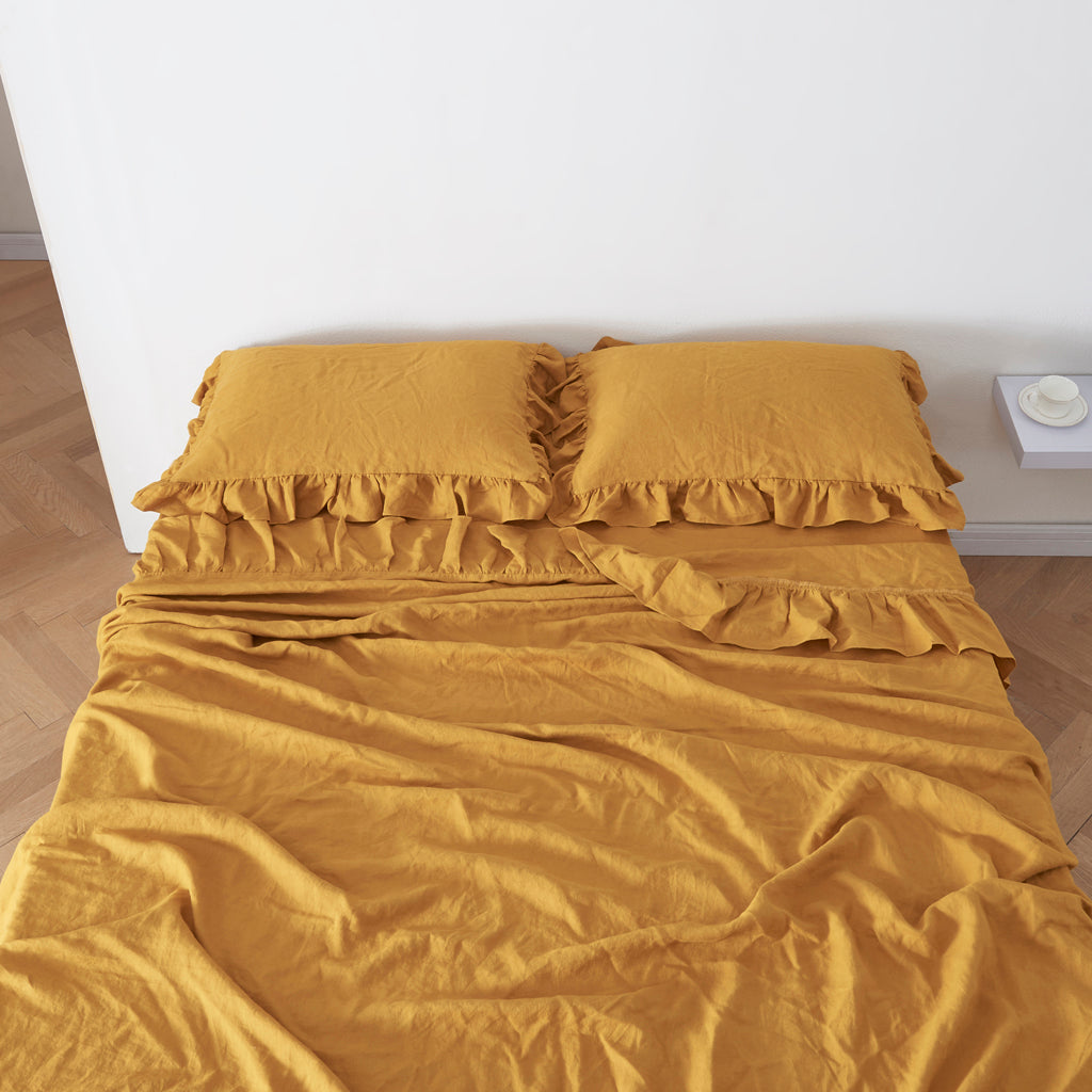 Mustard Yellow Linen Flat Sheet and Pillowcases with Ruffle Hem
