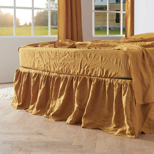 Mustard Yellow Linen Gathered Dust Ruffle Bedskirt on Bed