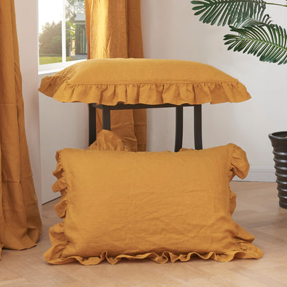 Mustard Yellow Linen Ruffle Hem Pillowcases