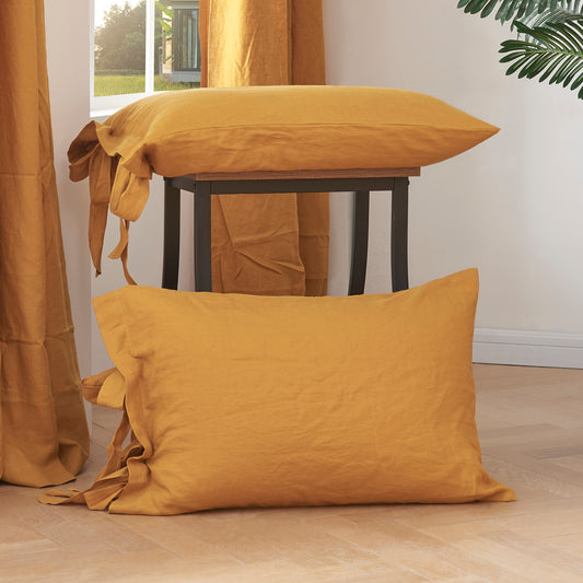 100% Linen Pillowcases with Bow Ties in Mustard Yellow