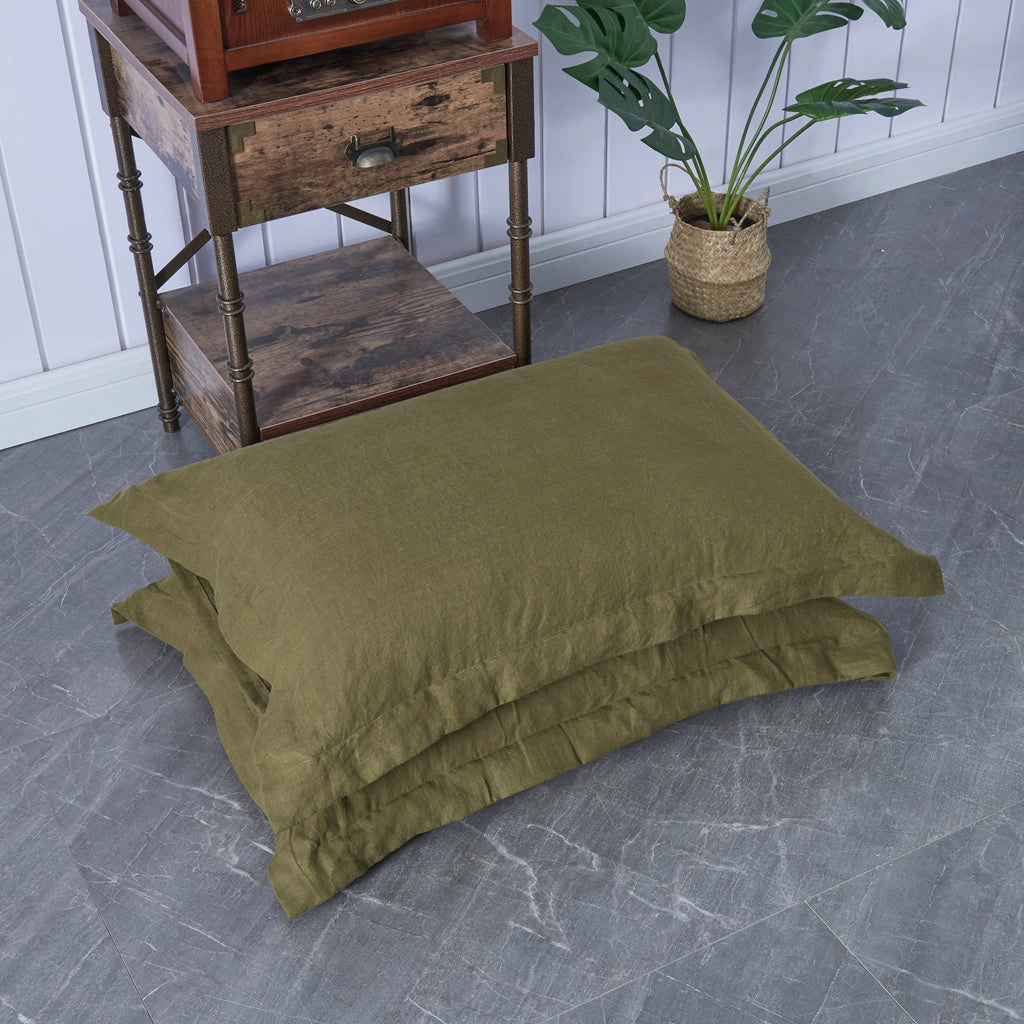 Olive Green Linen Pillowcases with Oxford Hem