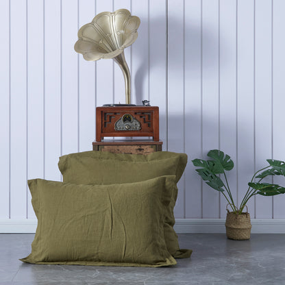 Two Sizes of Linen Olive Green Pillowcases with Oxford Hem