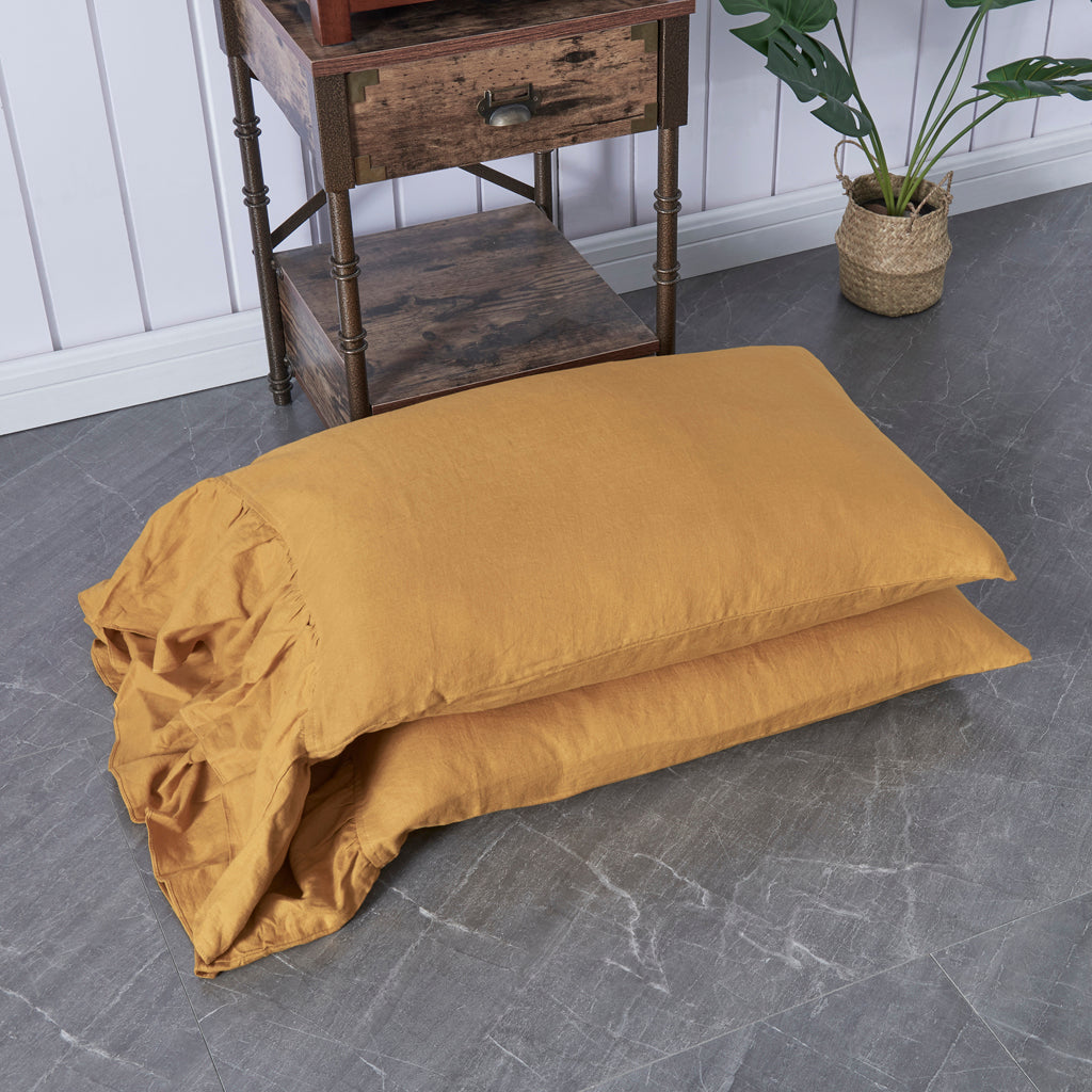 Mustard 100% Linen Side Ruffle Pillowcases Pile Up - linenforce