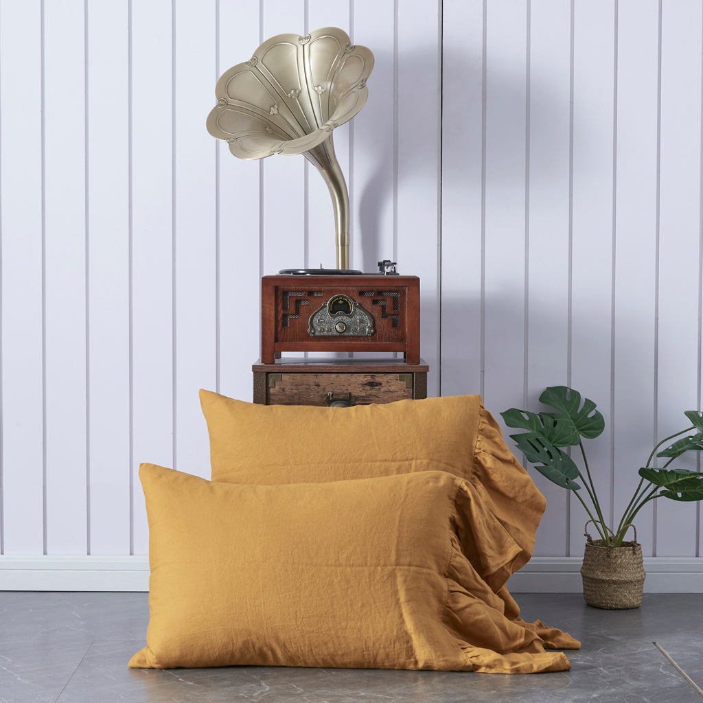 Linen Mustard Yellow Pillowcases with Side Ruffle