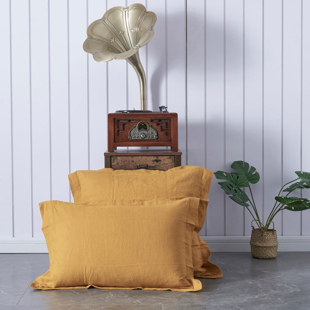Two Sizes of Mustard Yellow Linen Pillowcases with Oxford Hem