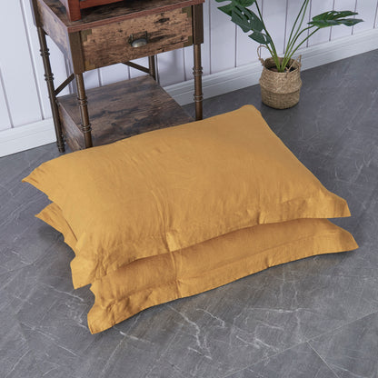 Set of Two Linen Mustard Yellow Pillowcases with Oxford Hem