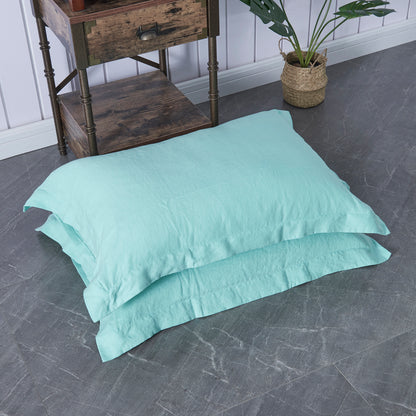 Set of Two Linen Aqua Green Oxford Hem Pillowcases