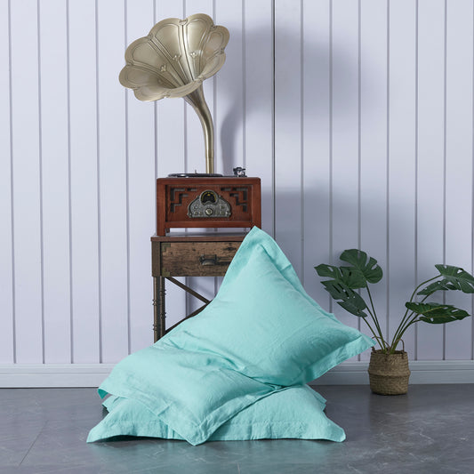Aqua Green Linen Pillowcases with Oxford Hem
