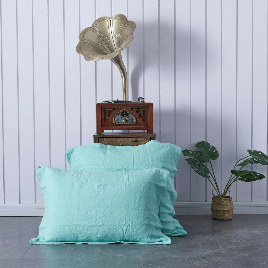 100% Linen Cooling Pillowcases with Oxford Hem in Aqua Green