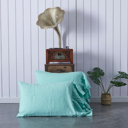 Linen Aqua Green Pillowcases with Side Ruffle