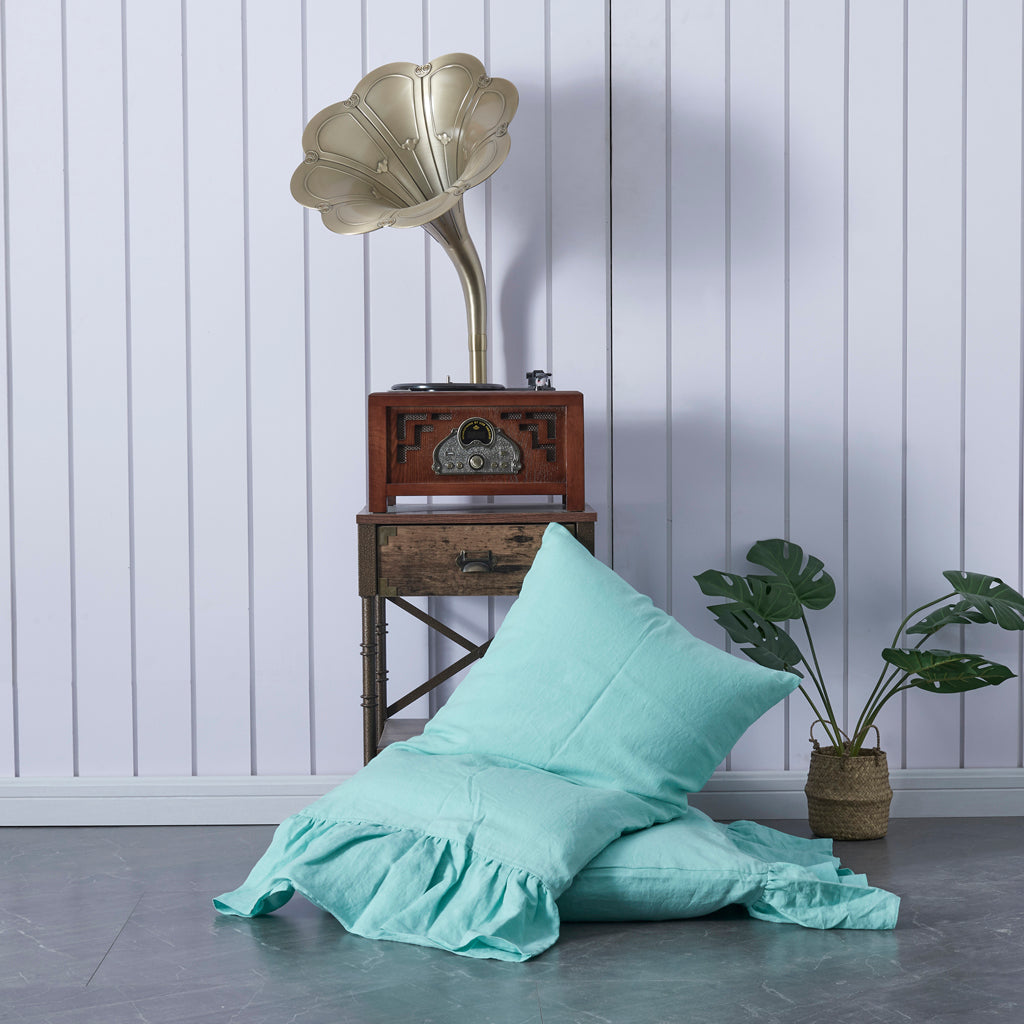 Aqua Green 100% Linen Side Ruffle Pillowcases - linenforce