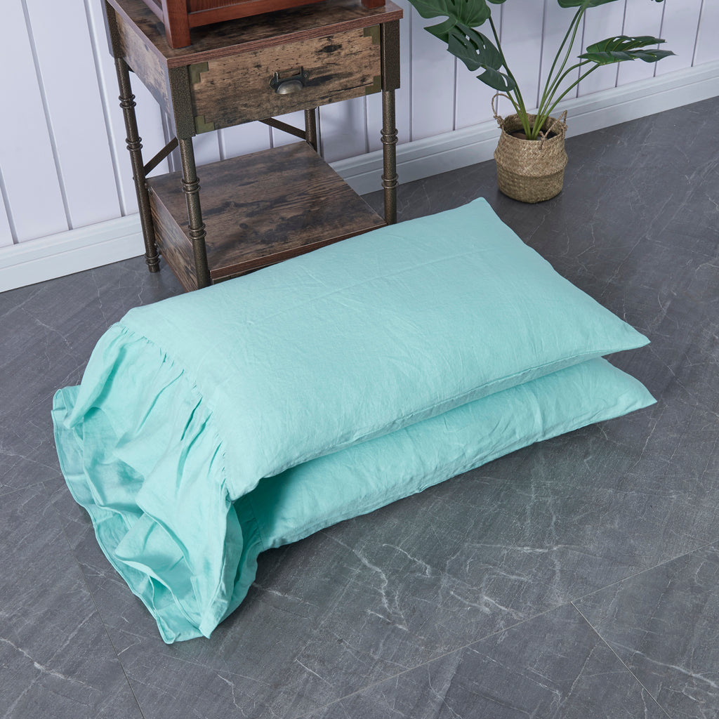 Aqua Green 100% Linen Side Ruffle Pillowcases Pile Up - linenforce