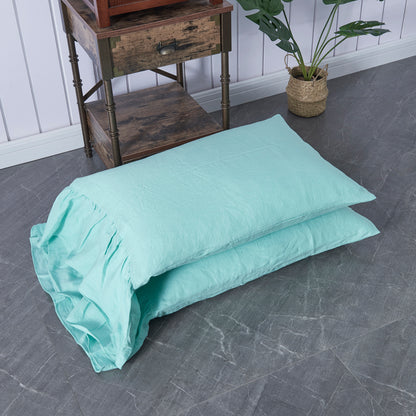 Two Aqua Green Linen Pillowcases with Side Ruffle