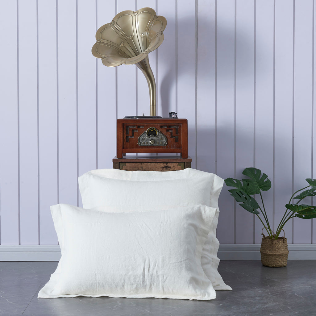 Two Sizes of 100% Linen Ivory White Pillowcases with Oxford Hem