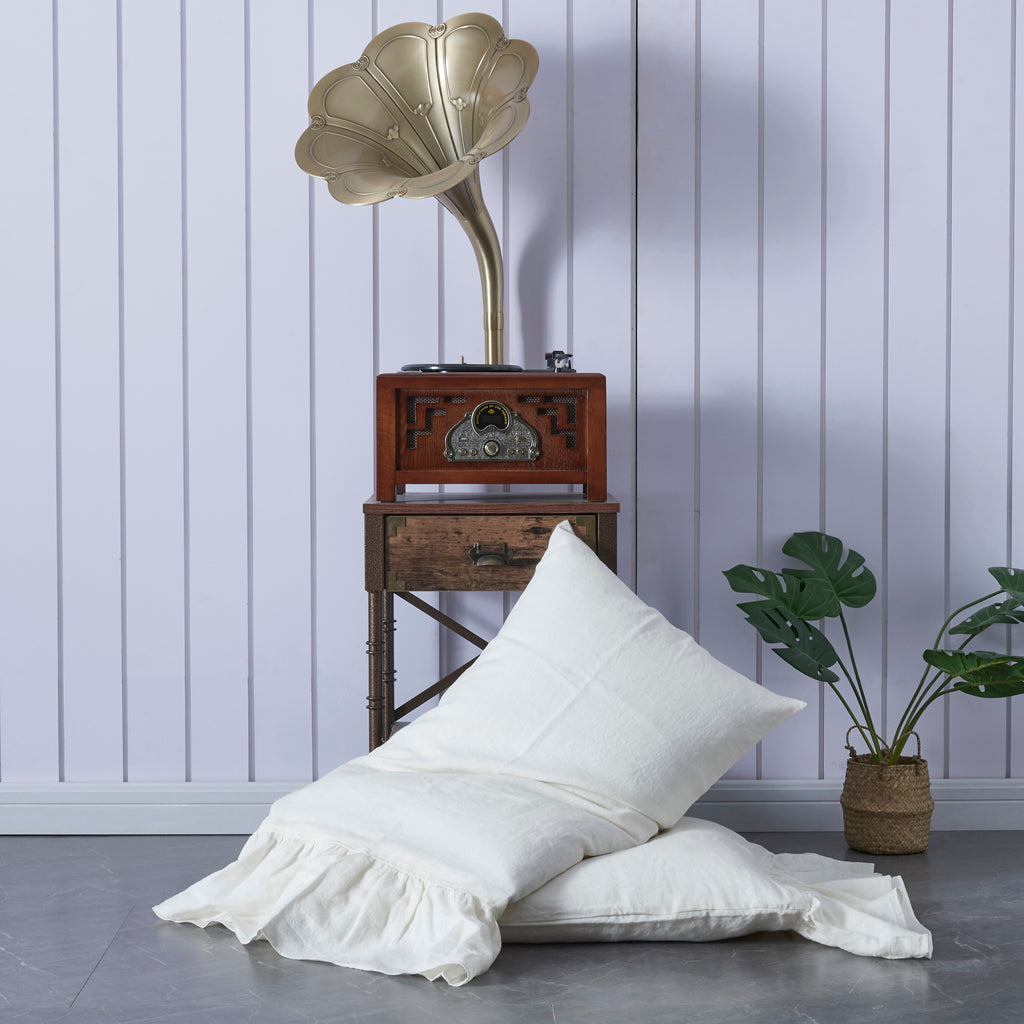 Ivory 100% Linen Side Ruffle Pillowcases on Floor - linenforce