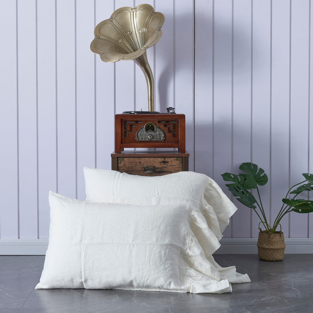 Ivory 100% Linen Side Ruffle Pillowcases Pile Up - linenforce
