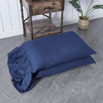 Indigo Blue Linen Pillowcases with Side Ruffle