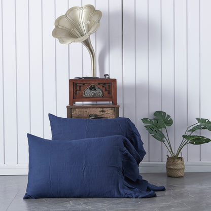 Linen Indigo Blue Pillowcases with Side Ruffle