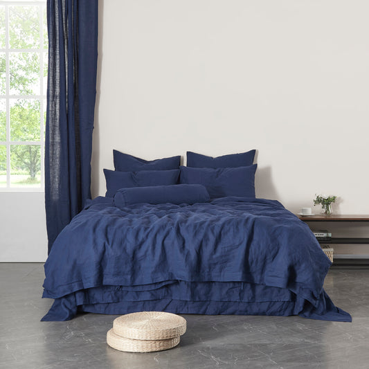 Indigo Blue 100% Linen Duvet Cover on Bed