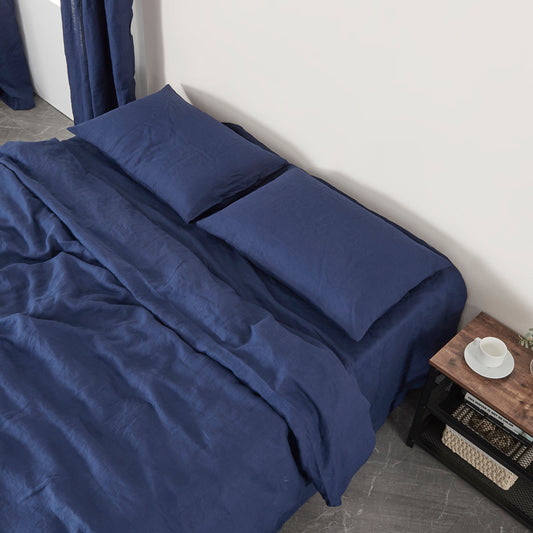 Indigo Blue Linen Housewife Pillowcases on Bed