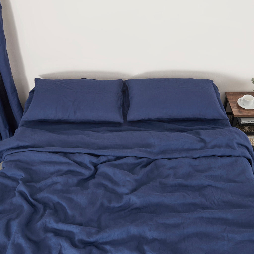 Indigo Blue Linen Sheet Set on Bed