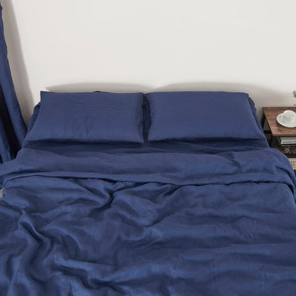 Indigo Blue Linen Sheet Set on Bed