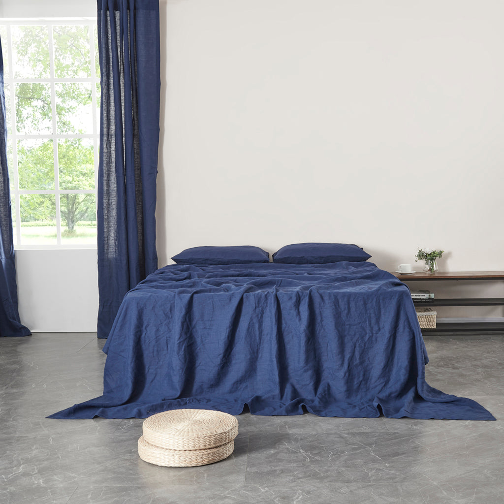 Indigo Blue 100% Linen Flat Sheet on Bed - linenforce