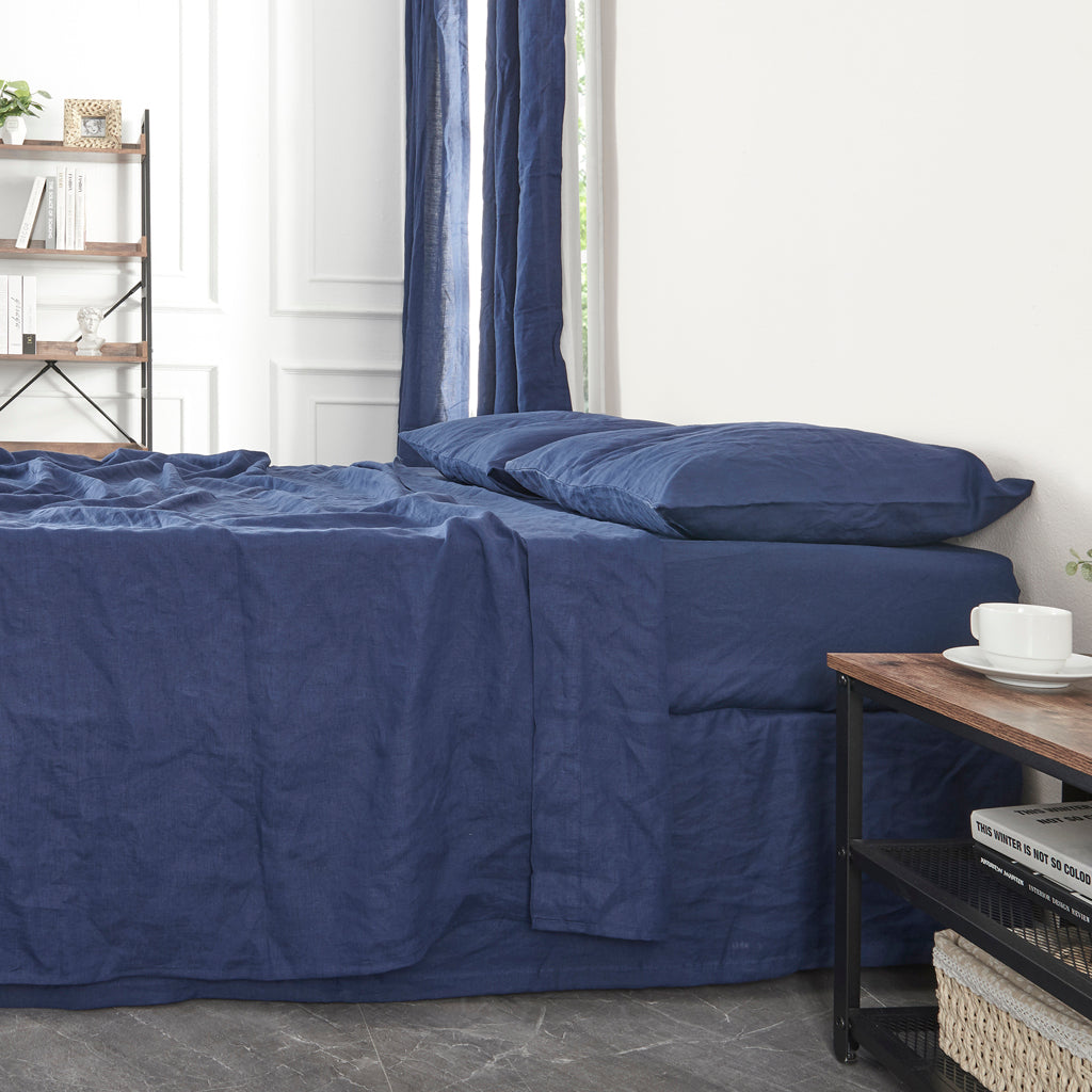Close UP Of Indigo Blue 100% Linen Flat Sheet on Bed - linenforce