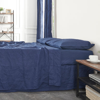 Indigo Blue Cooling Linen Flat Sheet on Bed
